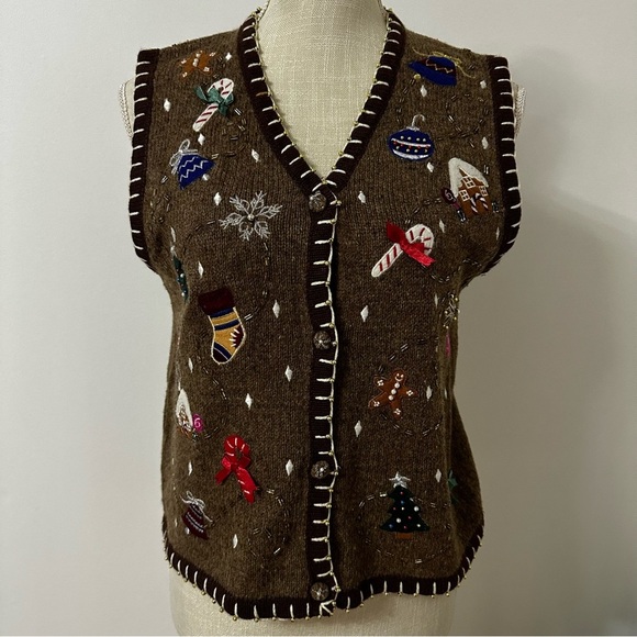 Vintage Ambra Ho Ho Ho Christmas Vest Brown Women’s Size Small - Picture 1 of 8